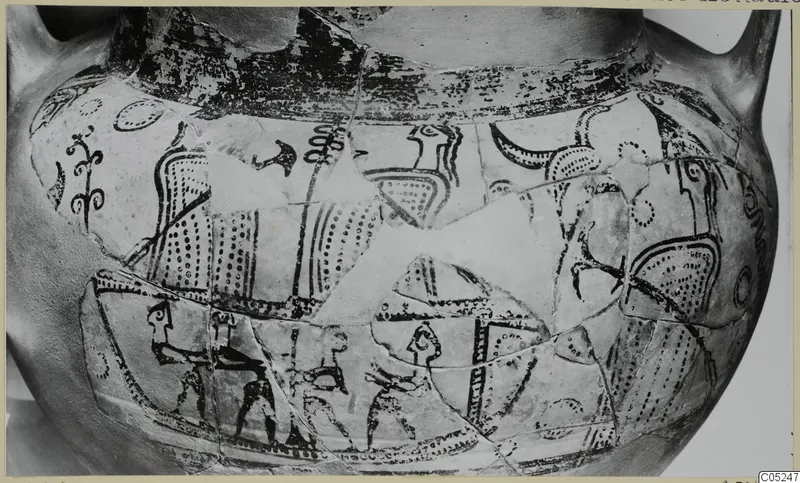 Painted pottery amphora-crater with stylised figures and dotted panels, shown in a close view