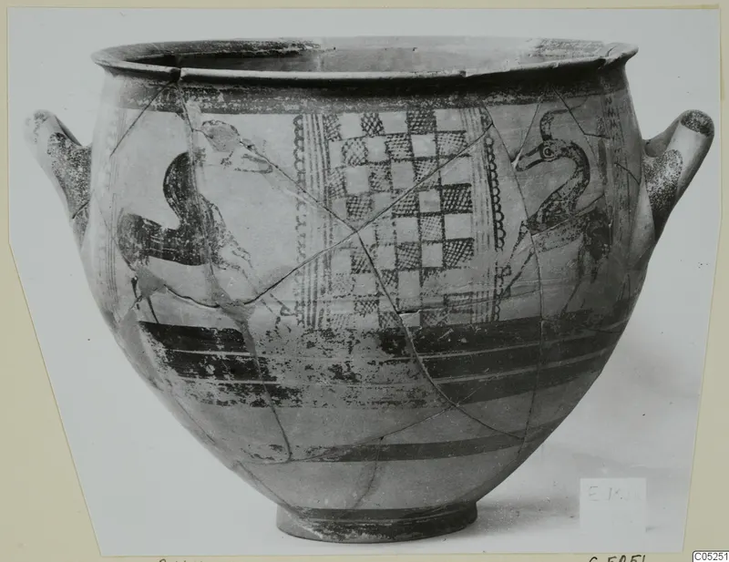 Levanto-Helladic Ware amphora-crater with long-necked figures and a checkerboard panel, seen from the side