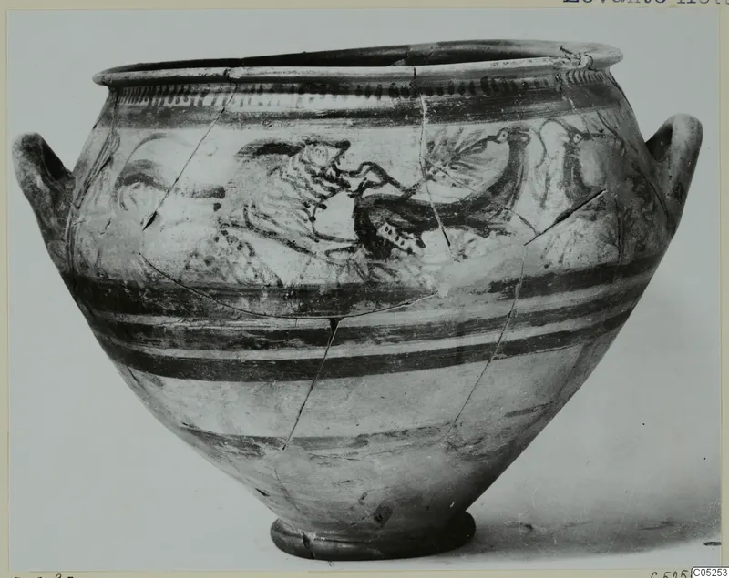Pottery Levanto-Helladic Ware amphora-crater with two handles, painted with a panel of animal figures and dark bands