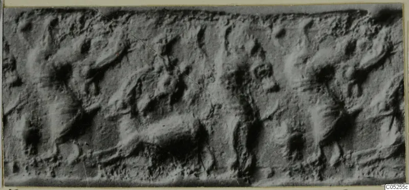Cylinder seal from Enkomi, shown as a long band of carved figures and animals in relief.