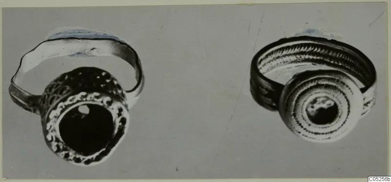 Two finger rings with dark central stones, shown side by side on a grey background