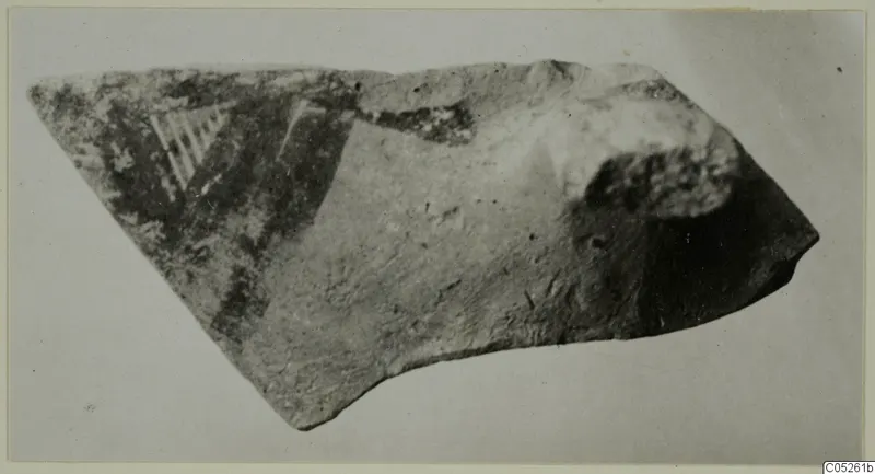 Pottery sherd with a dark painted area and a pale hatched triangular pattern