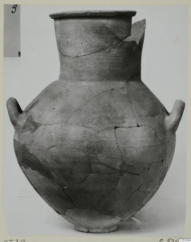 Two-handled jar of Cypro-Hell.I pottery, reconstructed from broken pieces and photographed against a pale backdrop.
