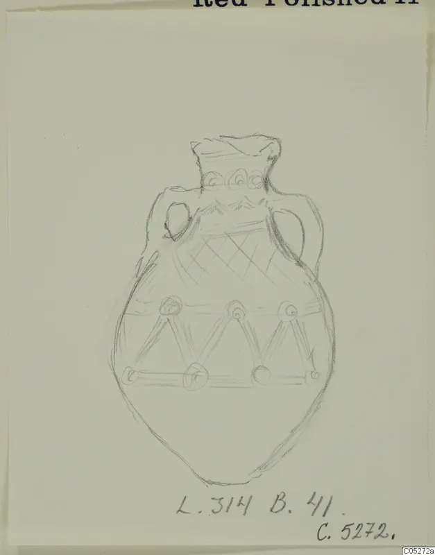 Pencil drawing of a Red Polished II amphora with two handles, crossed-line pattern and dotted triangles.