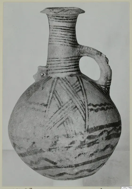 Pottery White Painted III-2 jug with dark painted bands and slanting lines, from Lapithos