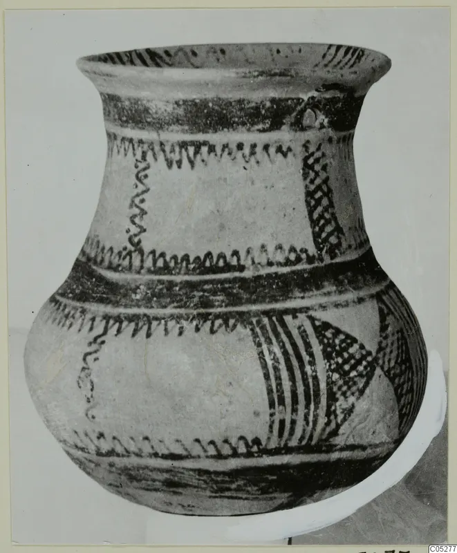Pottery White Painted IV-V vessel from Enkomi with dark painted bands, zigzags and hatched panels