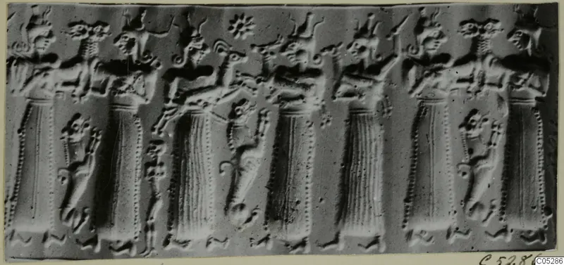Impression of a carved seal showing a row of robed figures and a rosette above them