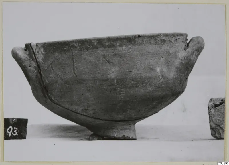 Two-handled bowl on a short foot, photographed against a plain background.
