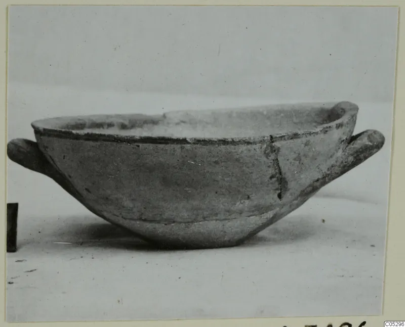 Pottery bowl with two small horizontal handles, from the Kastros tombs at Lapithos, seen in side view.