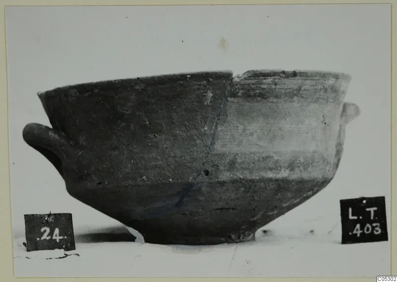 Pottery bowl with two small handles and a repaired crack, shown with number labels, from Lapithos