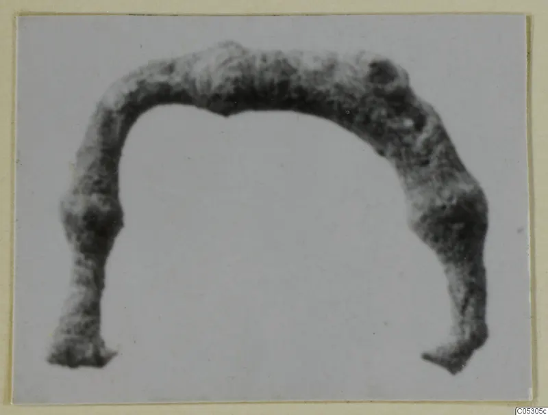 Bronze fibula from Lapithos, a corroded arched bow with flattened ends, photographed on a pale background