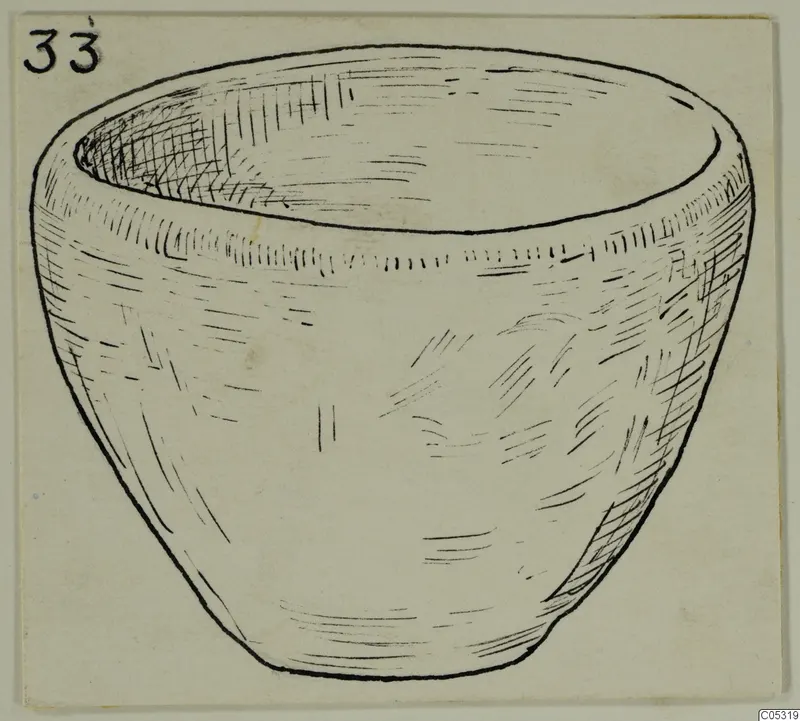 Drawing of a terracotta vessel with a wide open mouth and tapering base