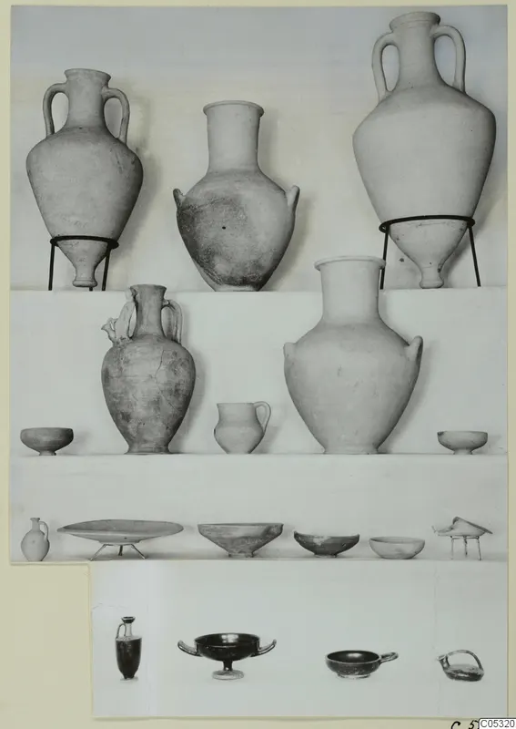 Pottery from Marion, Tomb 40 A and B: jars, bowls and small vessels arranged in rows on shelves
