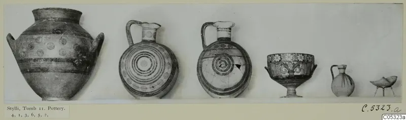 Row of painted pottery vessels from Stylli, Tomb 11, photographed side by side on a mounted card.