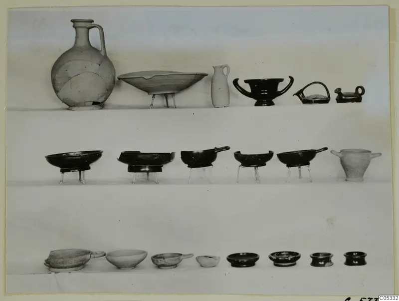Pottery from Tomb 36 at Marion: jugs, bowls, a juglet, cups and small lamps arranged in three rows