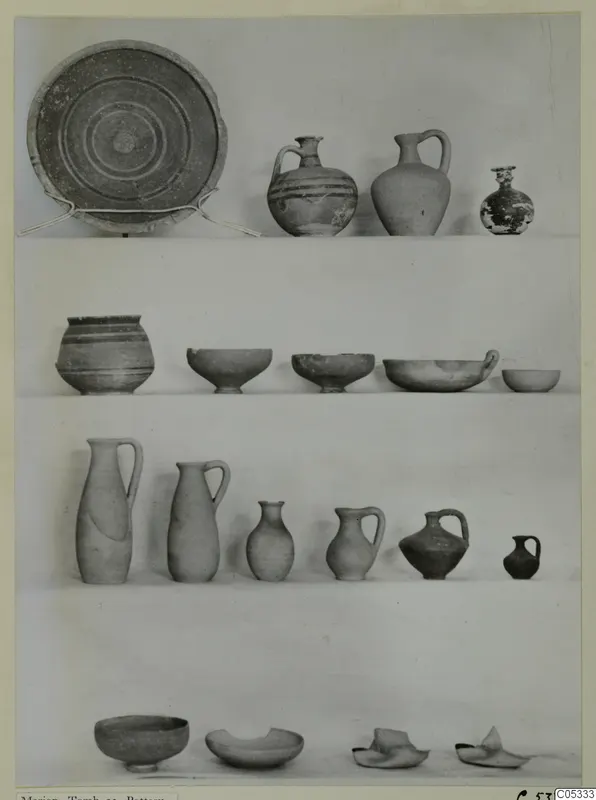 Pottery from Marion, Tomb 23: plates, jugs, jars and bowls arranged in four rows against a plain backdrop.