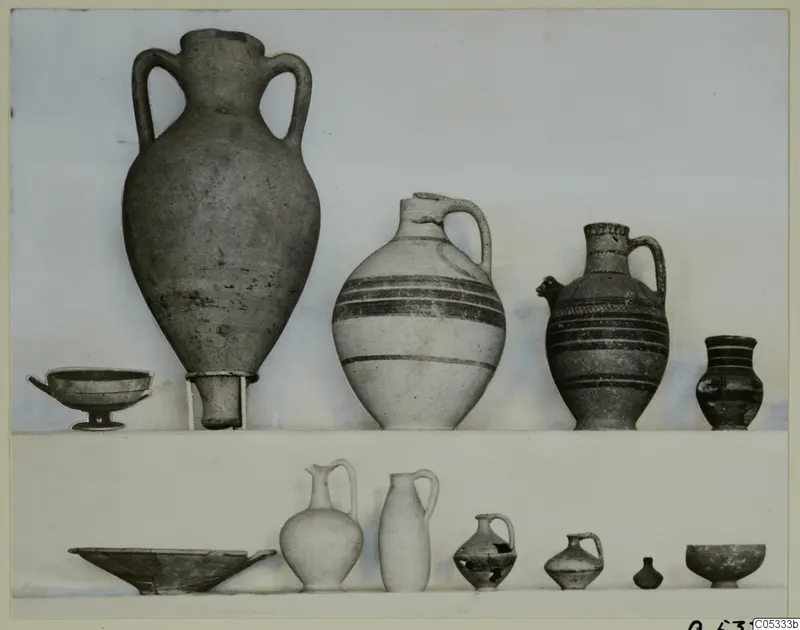 Pottery vessels from Marion Tomb 26: an amphora, jugs, a bowl and a dish, set out on two shelves.