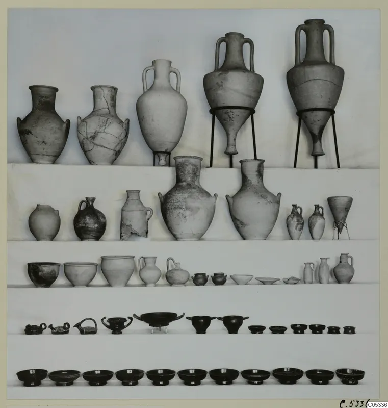 Rows of pottery vessels from Marion, Tomb 34: jars, jugs, bowls and small dishes against a pale background.