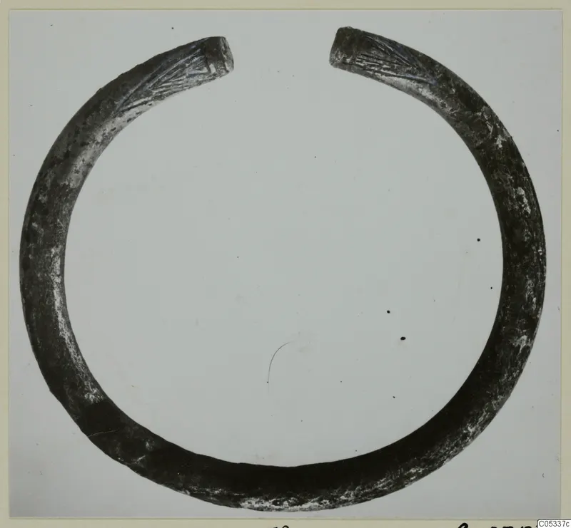 Open metal ring with tapering ends, the ends marked with incised lines, from Marion