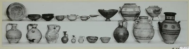 Two rows of pottery vessels from Tomb 75 at Marion: jugs, jars, bowls, cups and a plate