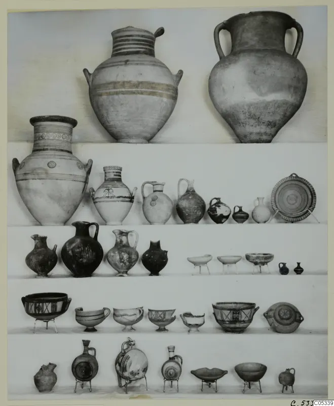 Pottery vessels from Tomb 69 at Marion, jugs and bowls arranged in rows on a light background