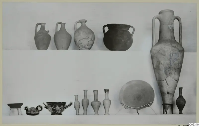 Pottery from Tomb 66 at Marion: jugs, a two-handled jar, a tall two-handled jar and small bottles on two shelves