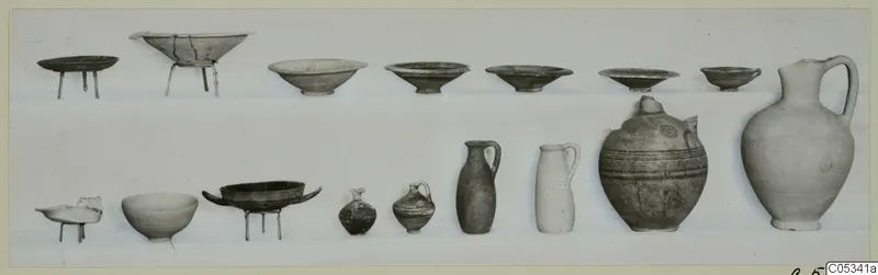 Pottery vessels from Marion Tomb 89: shallow bowls and dishes in the upper row, jugs, juglets and bowls in the lower row
