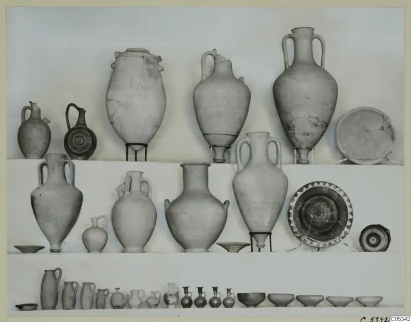 Pottery from Marion, Tomb 72: jugs, jars and bowls arranged in three rows against a plain backdrop.