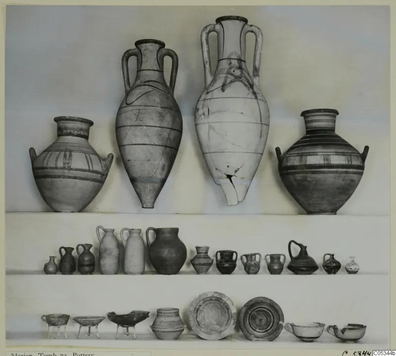 Pottery from Marion Tomb 73 arranged on three shelves: large two-handled jars, small jugs and jars, and bowls.