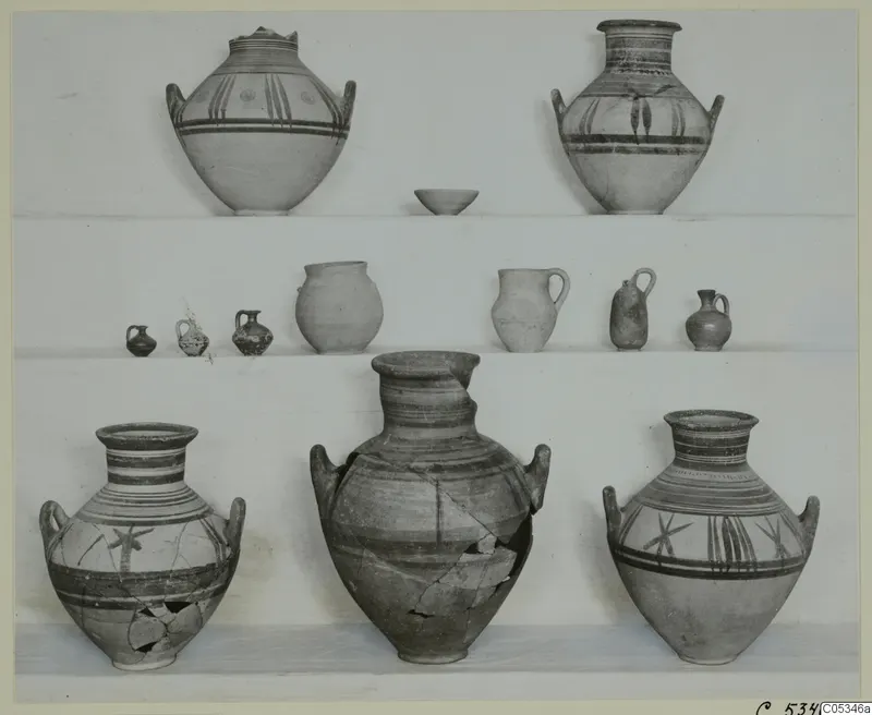 Pottery vessels from Marion, Tomb 90, shown in three rows on shelves: two-handled jars, juglets and a jug