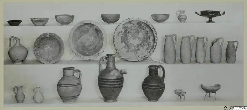 Pottery vessels from Marion, Tomb 92, arranged on three shelves