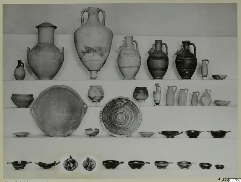 Pottery from Marion, Tomb 56: jars, jugs, bowls and dishes arranged in rows on shelves.