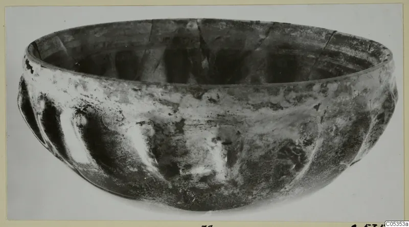 Glass bowl with vertical ribs from Marion, Tomb 9, shown on a photo mount