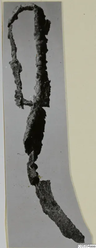 Corroded iron tool with a rounded loop at the top and a flat, broadening blade at the lower end, on a grey backdrop