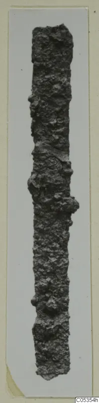 Long, narrow corroded iron object from Marion, photographed upright on a card mount