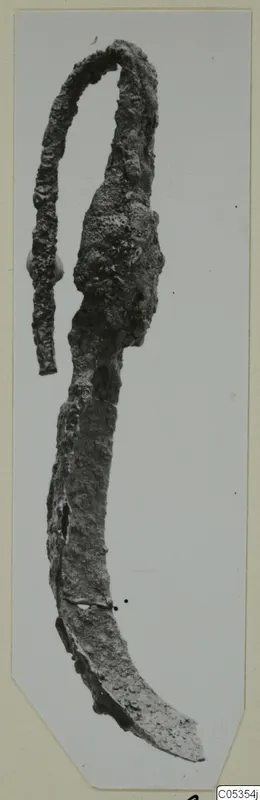 Corroded metal curved tool with a looped upper end, from Marion