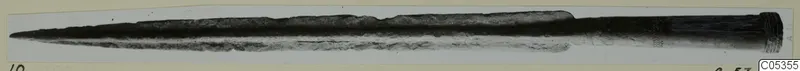 Long bronze blade with a pointed tip and a hilted tang, photographed horizontally against a pale ground.