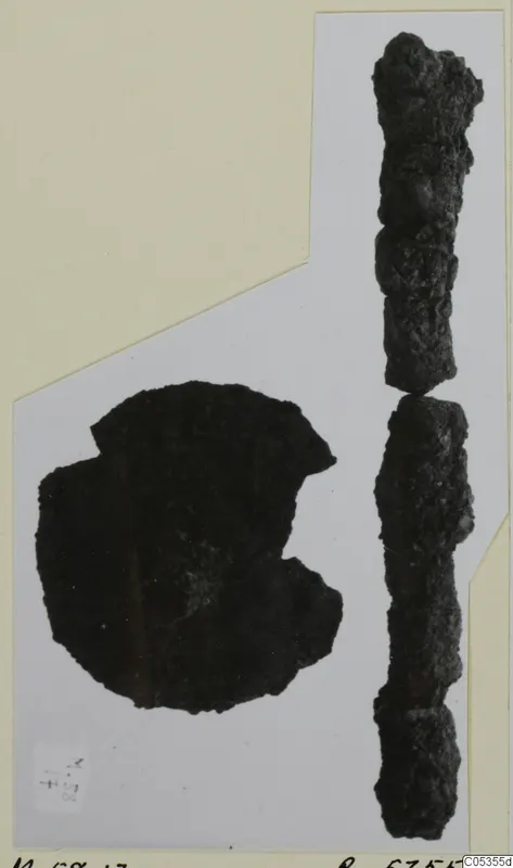 Two corroded iron fragments on a photo mount: a rounded piece with a notch and a long rod in two pieces