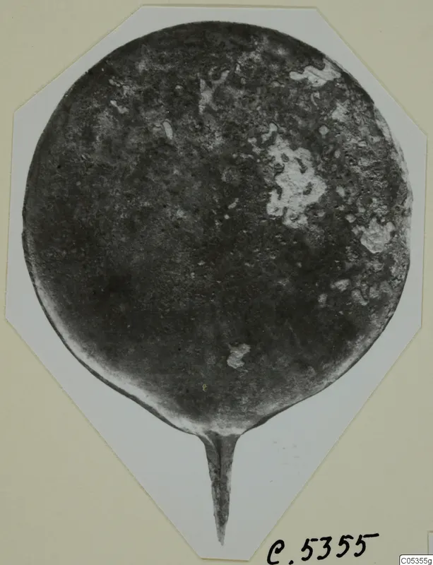Bronze disc with a long tapering tang, corroded surface, from Marion