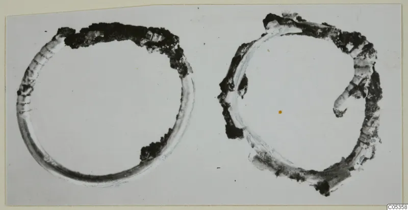 Two corroded bronze rings from Vouni, photographed on a pale card
