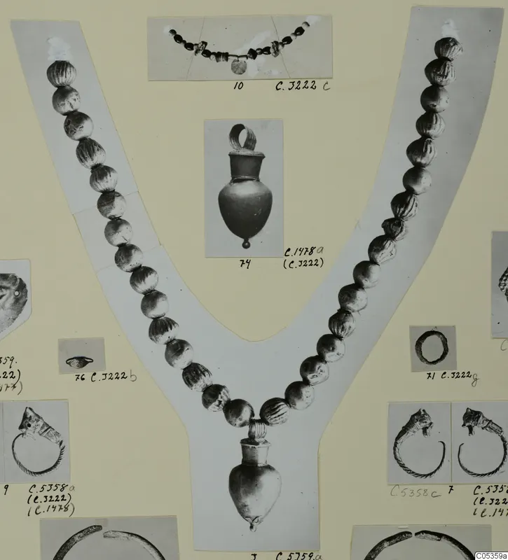 Jewellery from Marion on a card: a long bead necklace with a flask-shaped pendant, a short necklace and two bracelets