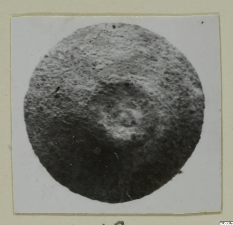 Find photograph of a round, pitted object with a central circular ridge, from Amathus.