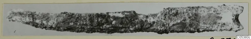 Corroded iron knife blade from Amathus, photographed horizontally on a grey card mount