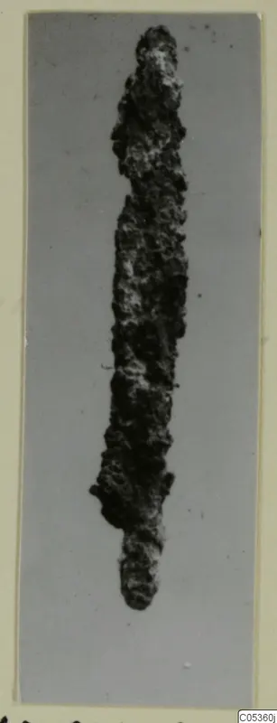 Corroded iron weapon from the Amathus tombs, shown upright against a plain grey background