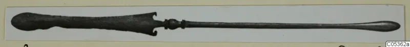 Long metal object with a broad, notched end, a small central knob and a slender shaft tapering to a rounded tip, from Amathus