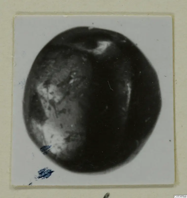 Small dark rounded find from Amathus, shown as a photograph mounted on a pale card