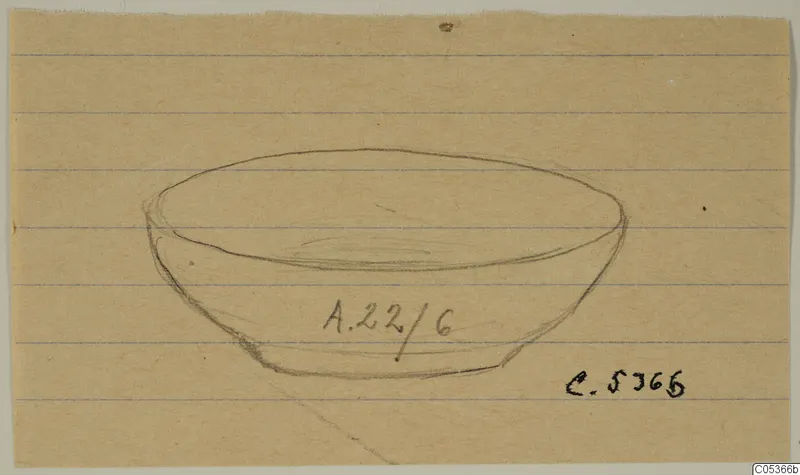 Pencil drawing of a shallow bowl from Amathus, with a handwritten number label on its body.