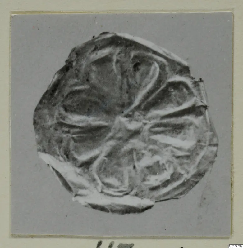 Flattened disc-shaped find from Amathus with radiating raised lines, photographed on a grey card