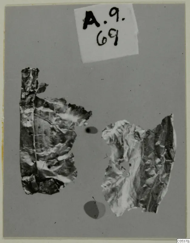 Two crumpled fragments of thin gold sheet from Amathus, lying on a grey backdrop.