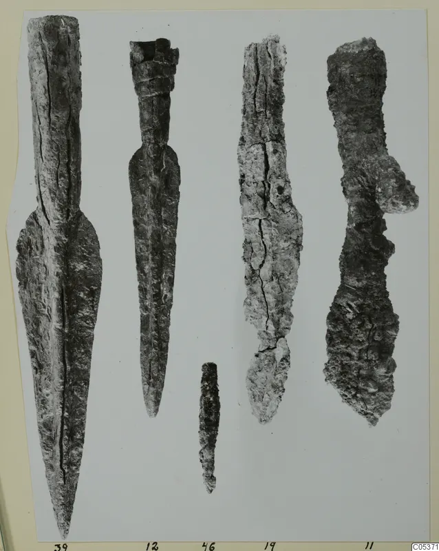 Five corroded iron objects with long tapering blades, laid out in a row on a mounted photograph, from Amathus.